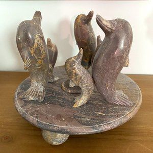 Vintage Marble Tea Light Holder/ Hand Carved Onyx Dolphins